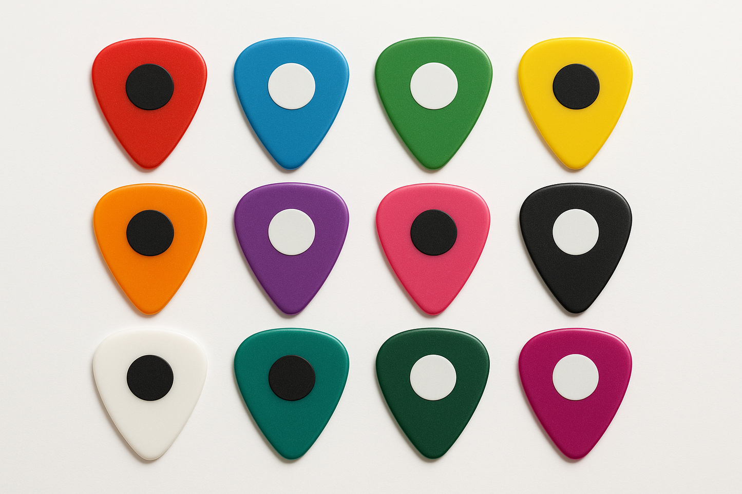 generate a product image for my 12 pack of guitar picks. The picks should be a variety of colors and have a circular sticker in the center. The sticker should be either black or white