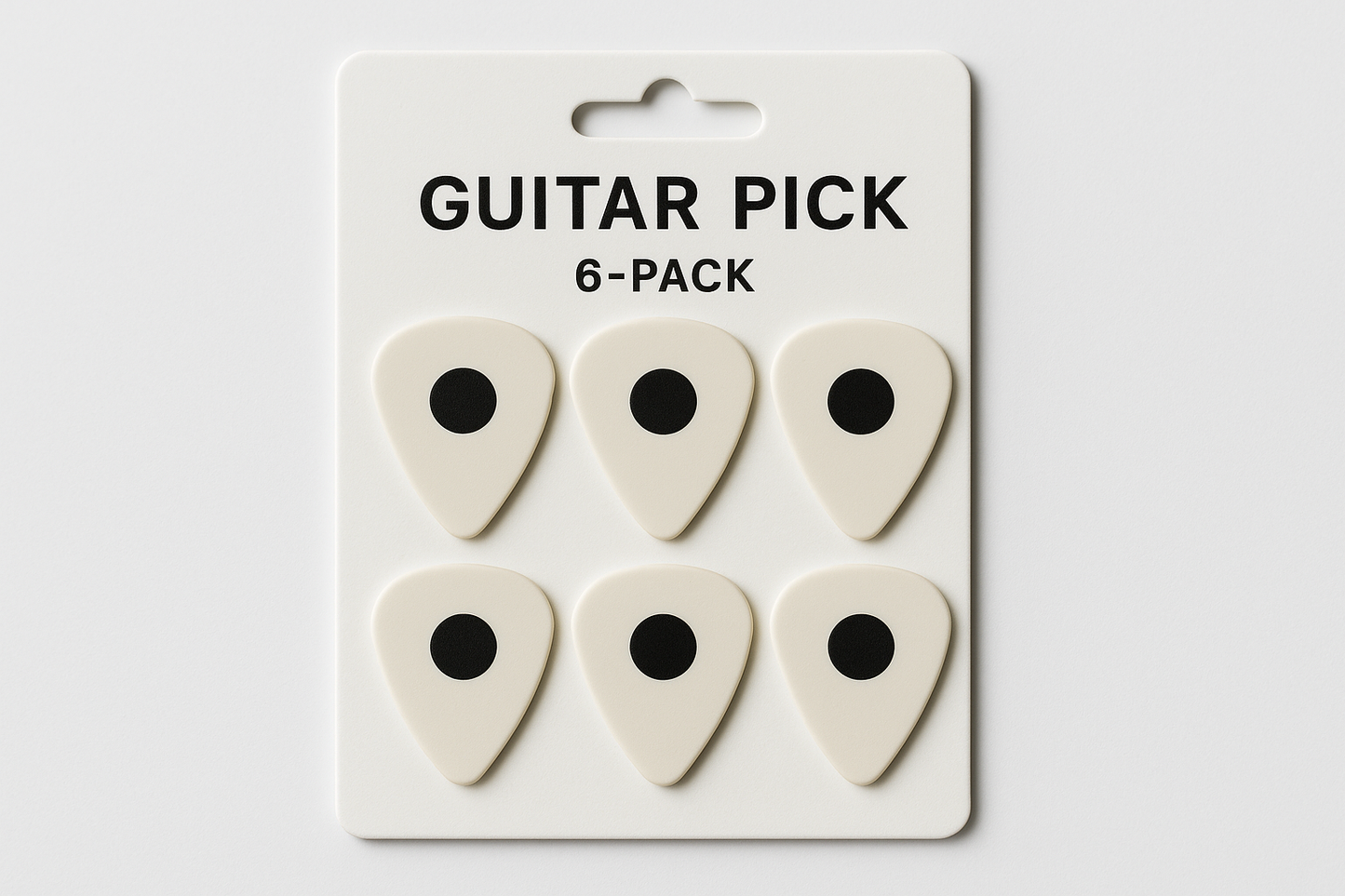 Generate an image for my guitar picks product. I need a 6 pack of picks. Each pack should have a small black sticker in the middle of the guitar pick