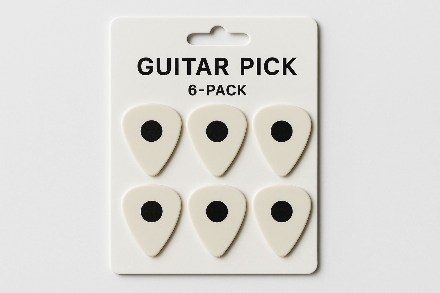 Generate an image for my guitar picks product. I need a 6 pack of picks. Each pack should have a small black sticker in the middle of the guitar pick